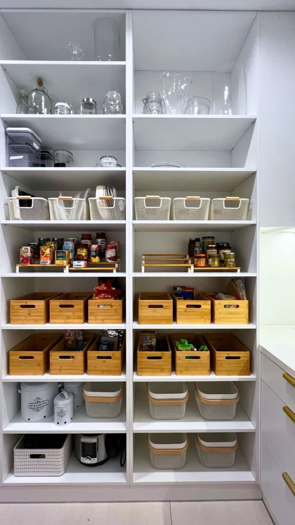 Spiżarnia z przejrzystym systemem przechowywania zapasów, ułatwiającym kontrolę i dostęp do produktów.